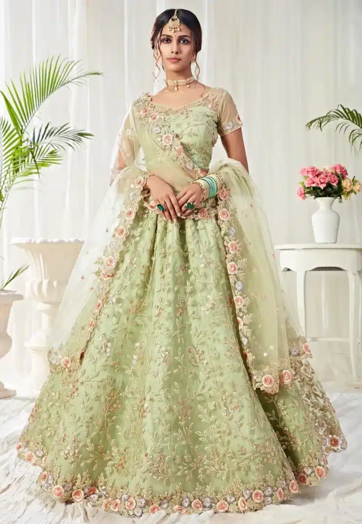 embroidered net lehenga in light green v1 luf2597
